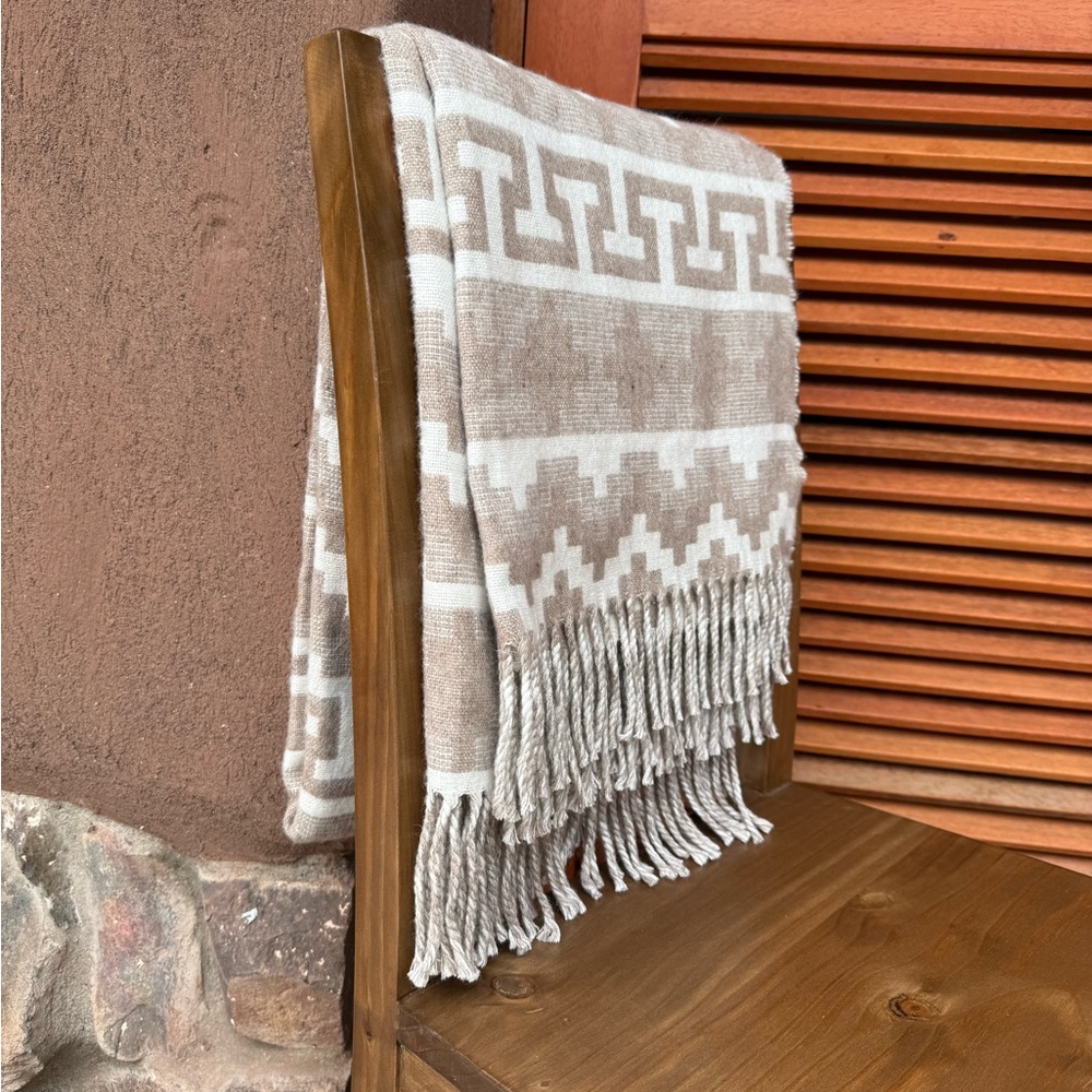 Geometric Patterned 100% Alpaca Tan and White Throw Blanket from Peru